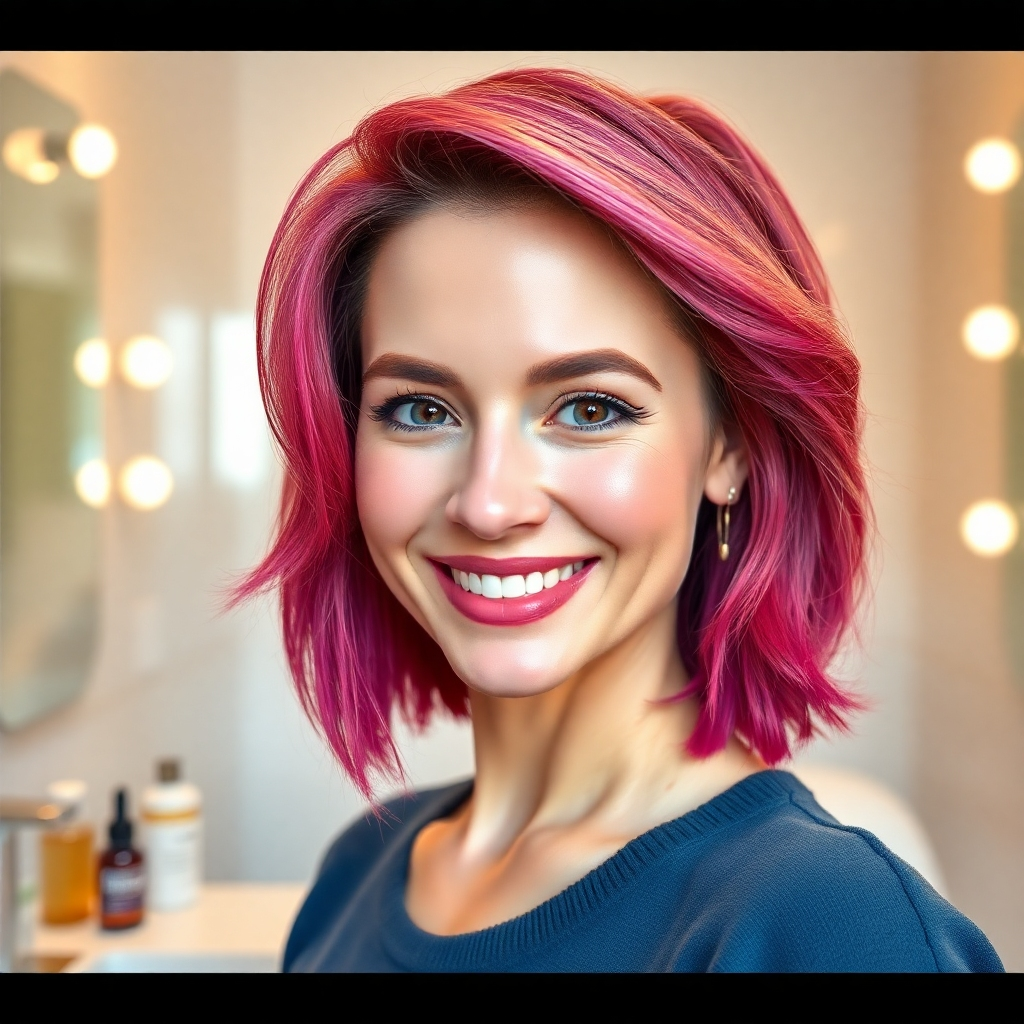 A photorealistic image showing a woman with a stylish, healthy haircut and vibrant hair color, smiling confidently at the camera. The setting could be a bright, airy bathroom with high-end hair products subtly visible in the background, emphasizing proper hair care. The hair should look glossy and healthy, demonstrating the effect of good at-home maintenance.  The overall mood should be cheerful and empowering.