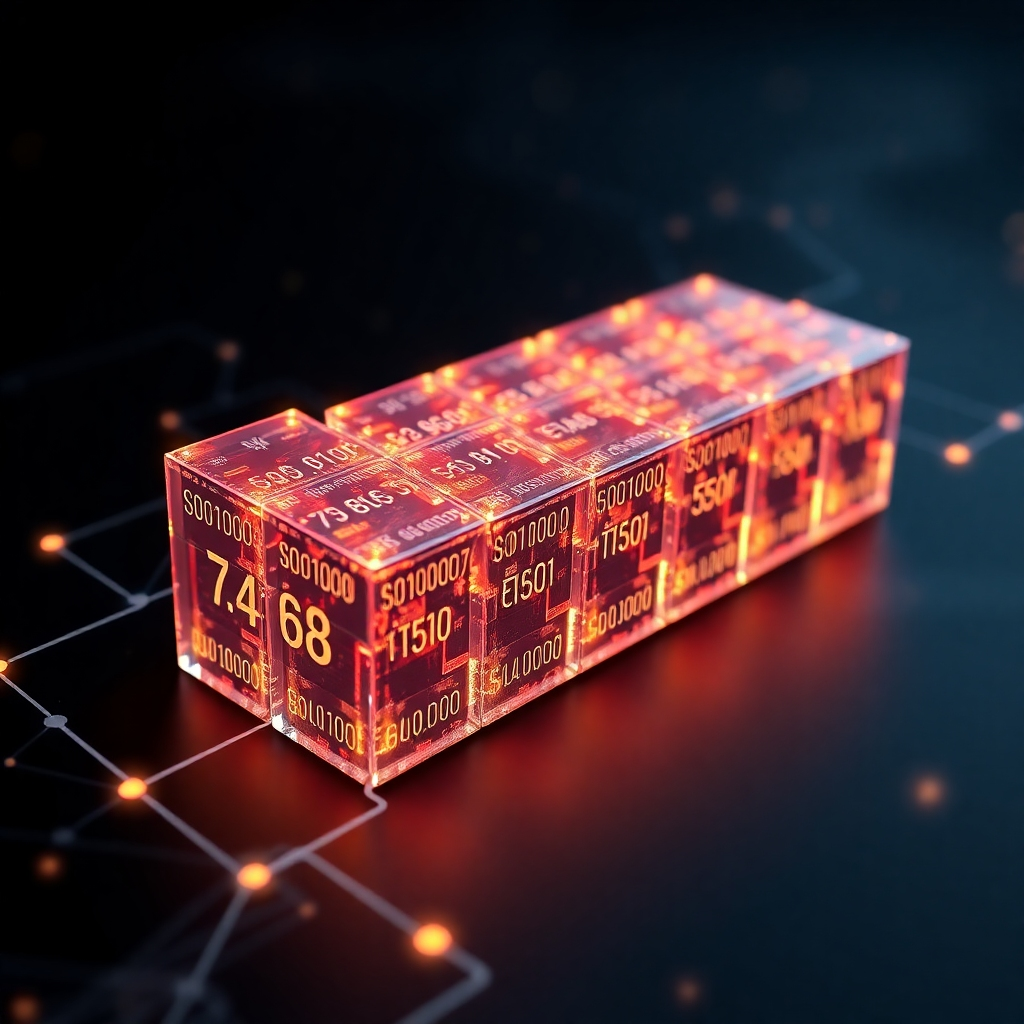 A photorealistic image showing a 3D model of a blockchain, with each block clearly visible and containing encrypted data. The blocks should be interconnected and glow subtly, representing the secure and transparent nature of the blockchain. The background should be a dark, abstract design to emphasize the complex structure of a blockchain.