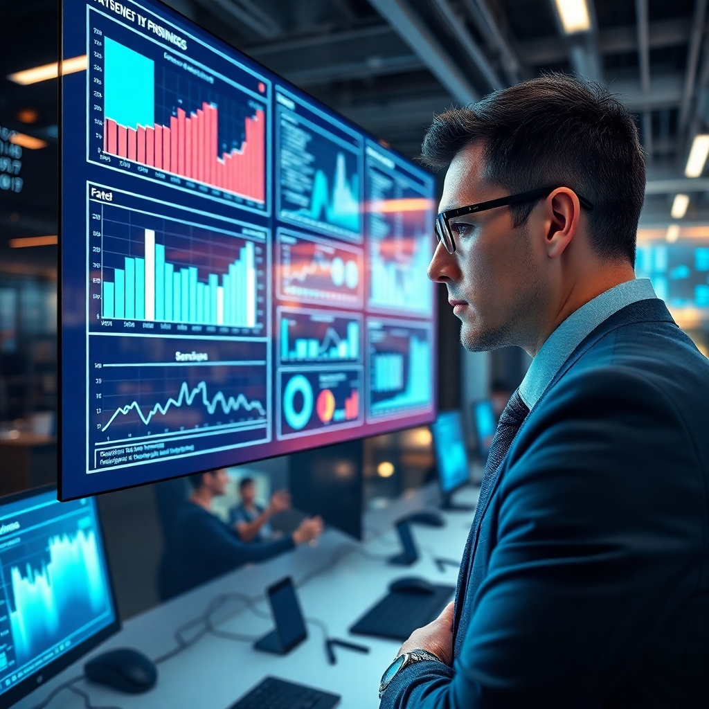 A photorealistic image showing a businessperson looking intently at a large screen displaying interactive graphs and charts representing key business data. The background should subtly show a team of data scientists working on their computers, illustrating data analysis and support. The image should have a technological feel, with glowing screens and modern office equipment, conveying a sense of data-driven decision-making and innovation.