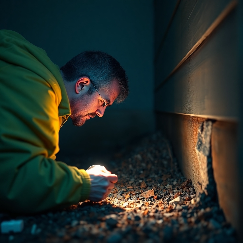 A photorealistic image showing a homeowner meticulously inspecting their home's foundation, looking for cracks or gaps where pests might enter.  The scene should be brightly lit, with the homeowner using a flashlight to examine hard-to-see areas. High-detail, 8k resolution, sharp focus, realistic lighting, and natural colors are essential.