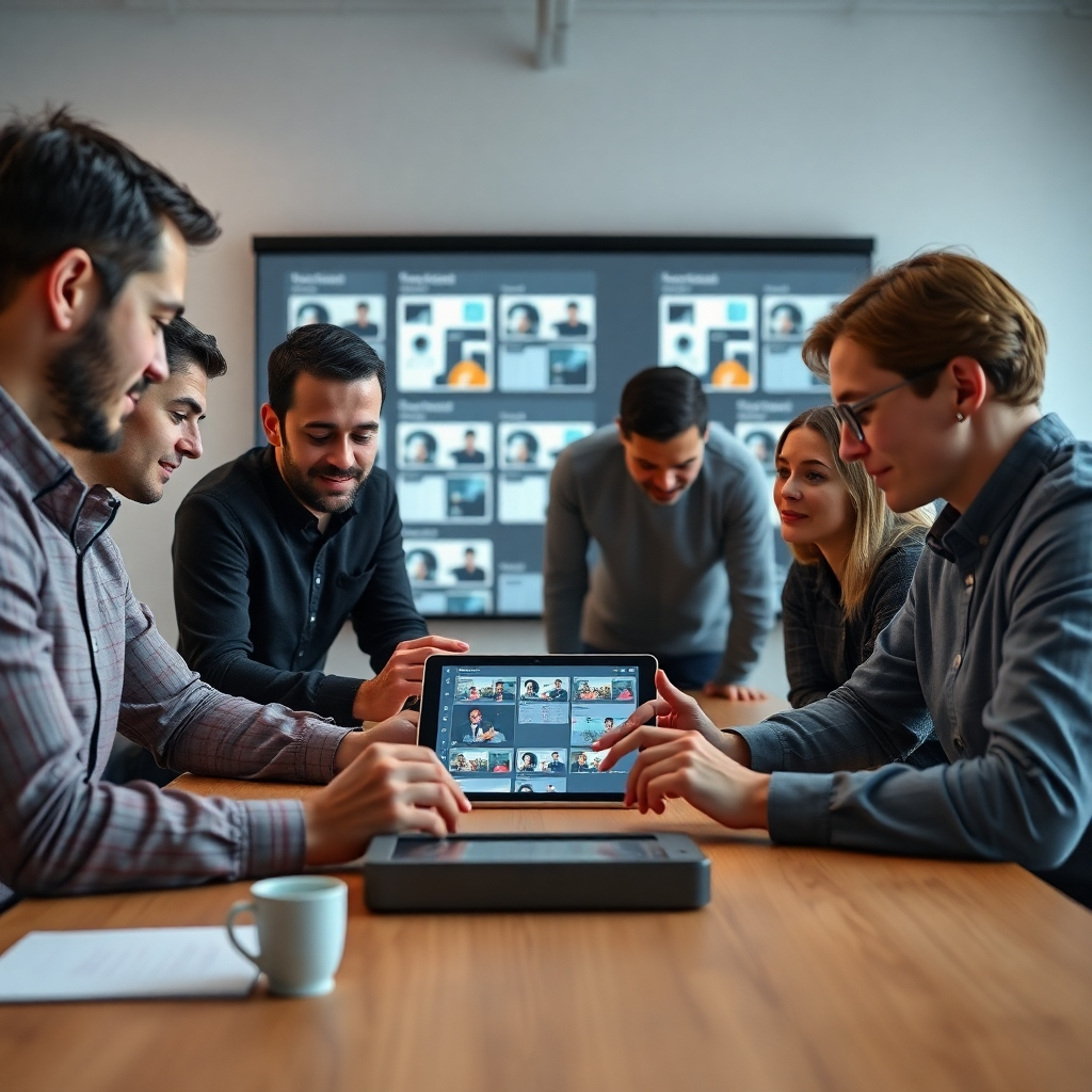 A photorealistic image showing a software development team around a table reviewing a prototype app on a tablet, providing feedback and suggesting changes. The background should subtly display previous iterations of the app, highlighting the iterative process of software development. The atmosphere should be collaborative and positive.