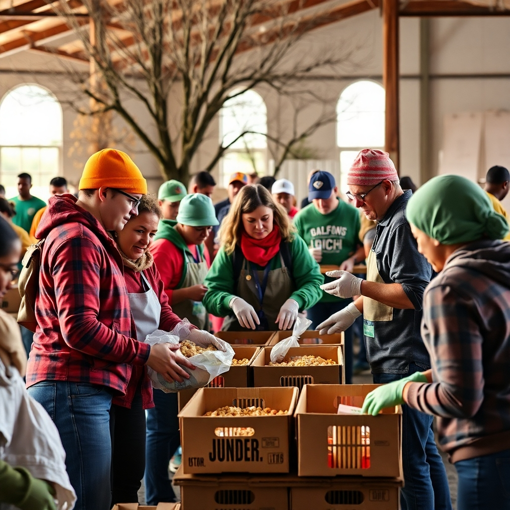 A photorealistic image showing volunteers from a church actively participating in a community service project. This could be preparing and distributing food at a food bank, building a house for a family in need, or cleaning up a local park.  The image should be vibrant, showing people working together collaboratively, with a focus on positive energy and impactful action. The setting should be realistic and identifiable as a community environment.