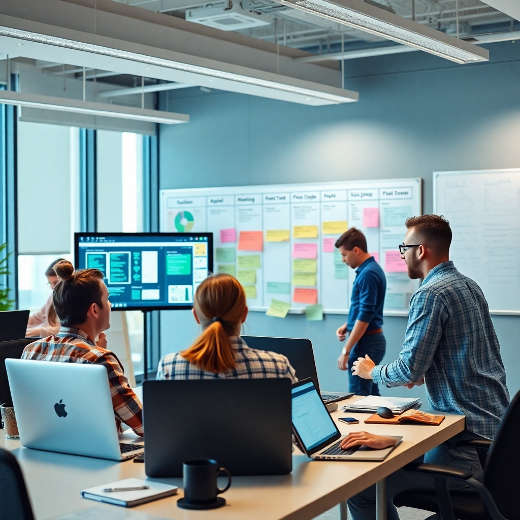 A photorealistic image showing a team of developers using agile project management tools (e.g., Kanban board, Scrum board) in a modern, brightly lit office space.  The image should showcase collaboration, communication, and a fast-paced work environment. Include elements like laptops, monitors displaying code, and whiteboards with project timelines and tasks. The atmosphere should be energetic and focused.