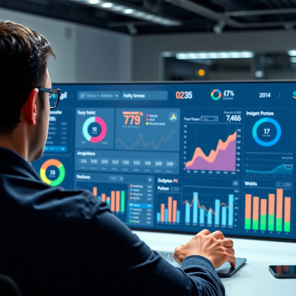 A photorealistic image showing a dashboard displaying key performance indicators (KPIs) and data visualizations related to a website or app.  A person should be looking at the dashboard, analyzing the data and making informed decisions. The image should depict a clean, modern, and technologically advanced workspace with a focus on data analysis and strategic planning. The overall tone should be professional and insightful.