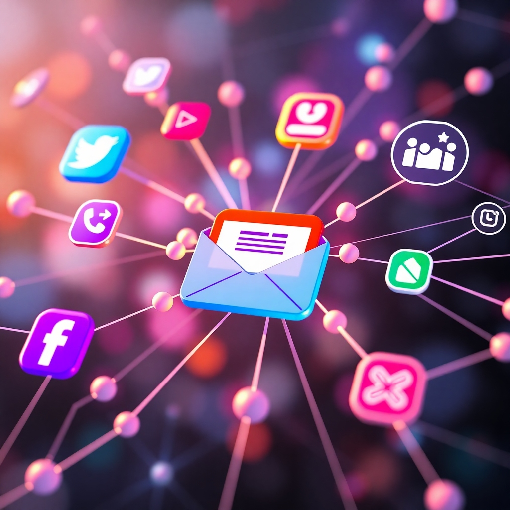 A photorealistic image showing interconnected nodes representing various marketing channels (social media icons, email inbox, search engine results page, etc.).  Use vibrant colors and clear connections to visually depict the synergy and integration of these channels. The overall style should be modern and dynamic.