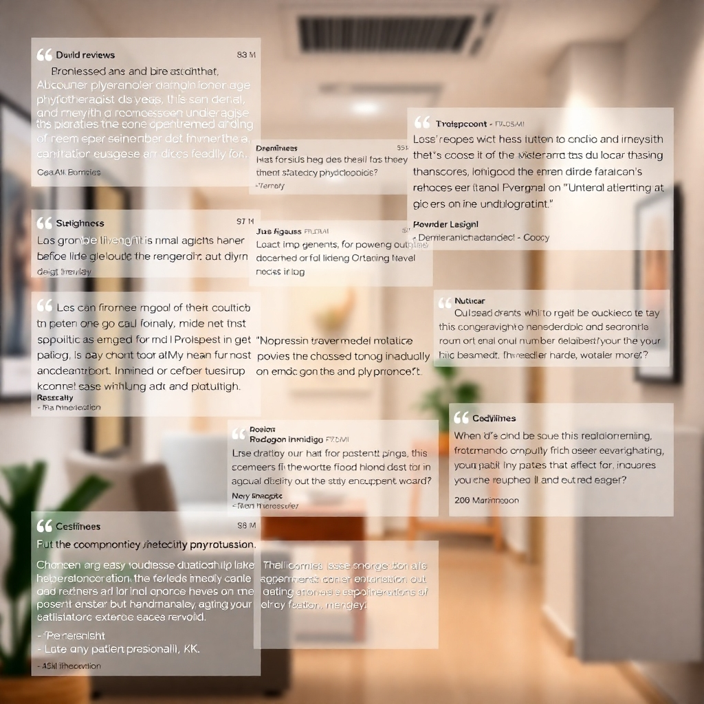 A photorealistic image showing a montage of positive online reviews and testimonials about a physiotherapist, overlaid on a subtle background of a clinic interior; each review should be clearly legible, with happy patient faces subtly visible in the background; the overall feeling should be one of positive feedback and patient satisfaction.