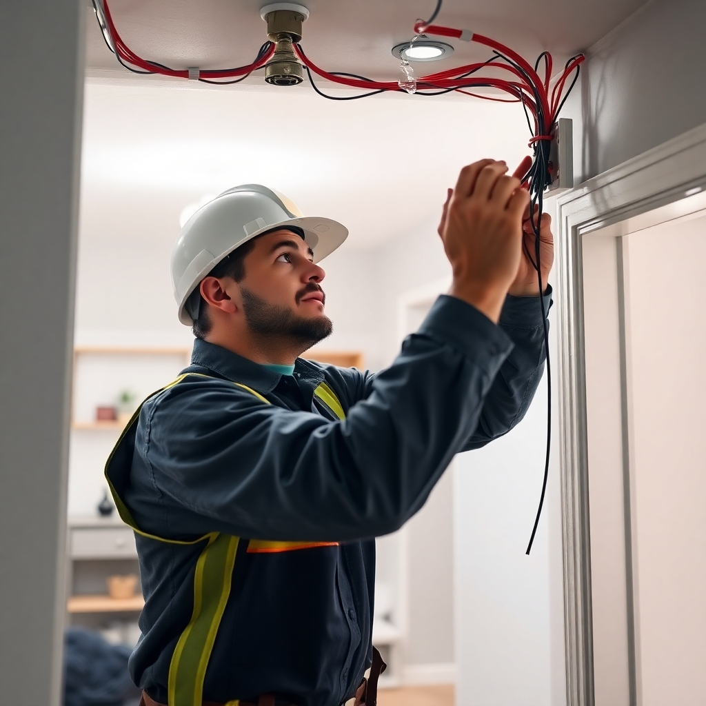 A photorealistic image showing an electrician installing new electrical wiring in a home, carefully following safety procedures. He should be wearing safety gear, and the image should clearly show the organized and safe manner in which the work is being done. The background should be a clean, well-lit home setting.