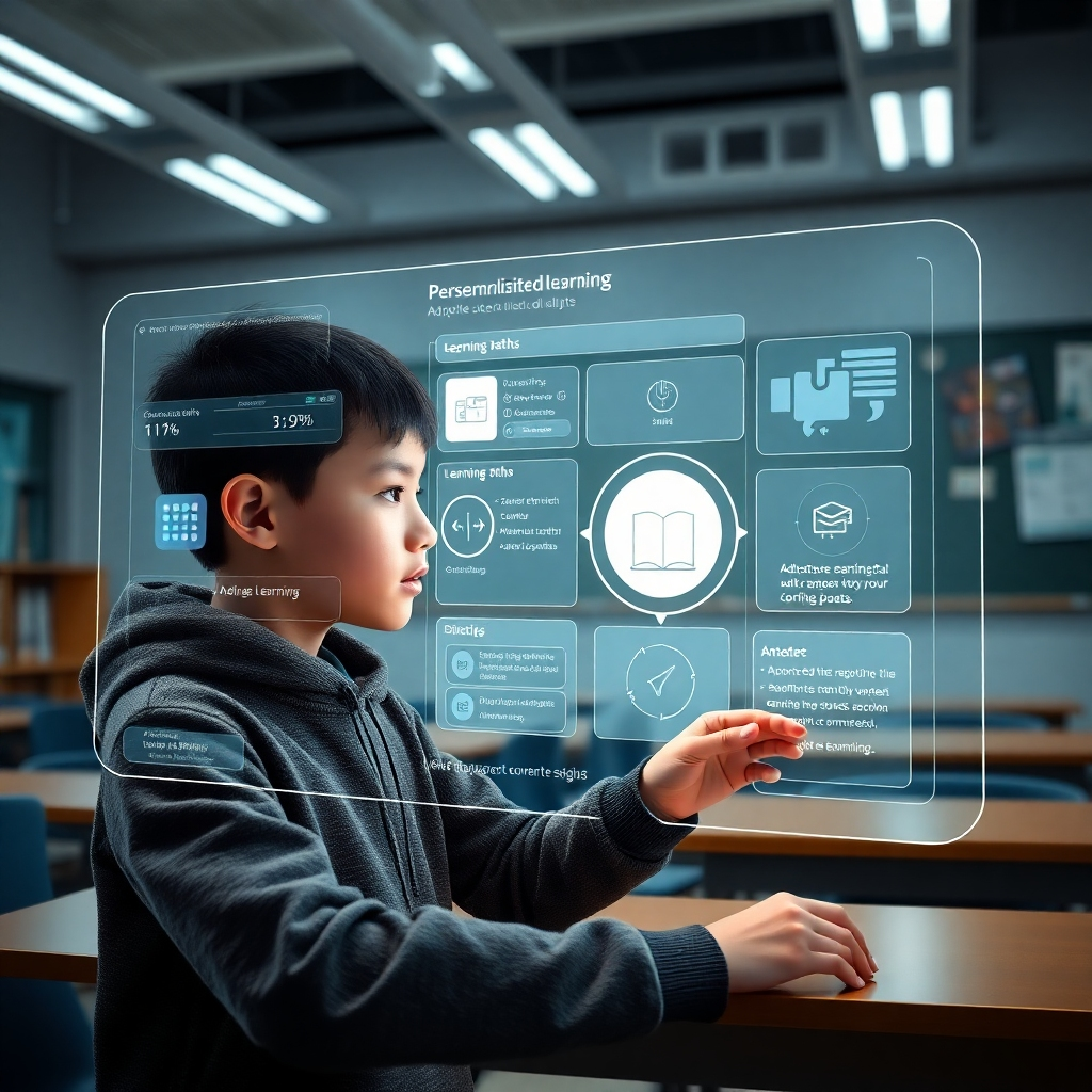 A photorealistic image showing a student interacting with a holographic interface displaying personalized learning content. The interface shows adaptive learning paths, progress tracking, and interactive elements tailored to the student's learning style. The setting could be a futuristic, clean classroom, emphasizing the personalized and tech-enhanced aspect.