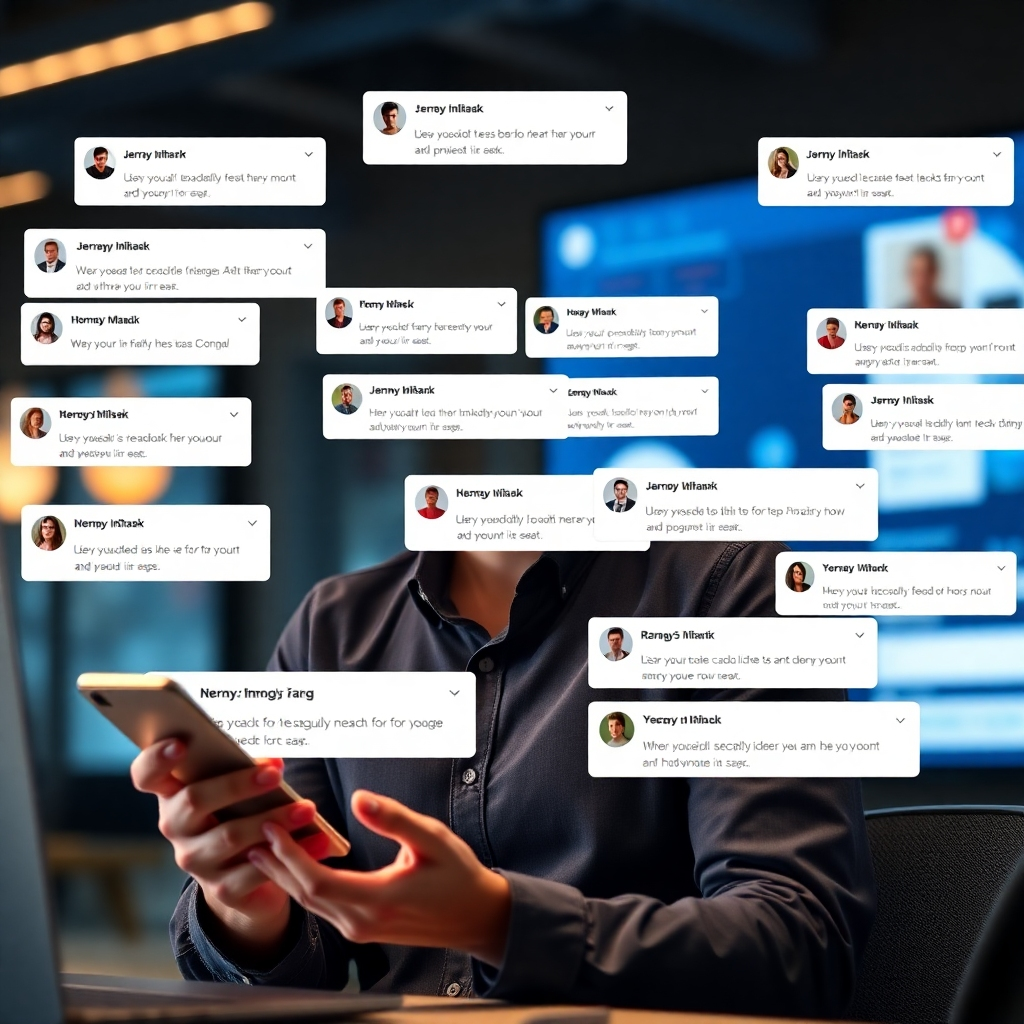 A photorealistic image showing a social media manager actively engaging with comments and messages on various platforms. The image should depict a positive and responsive interaction, showing a friendly exchange between the brand and its followers.  The background should subtly display notifications and positive feedback.