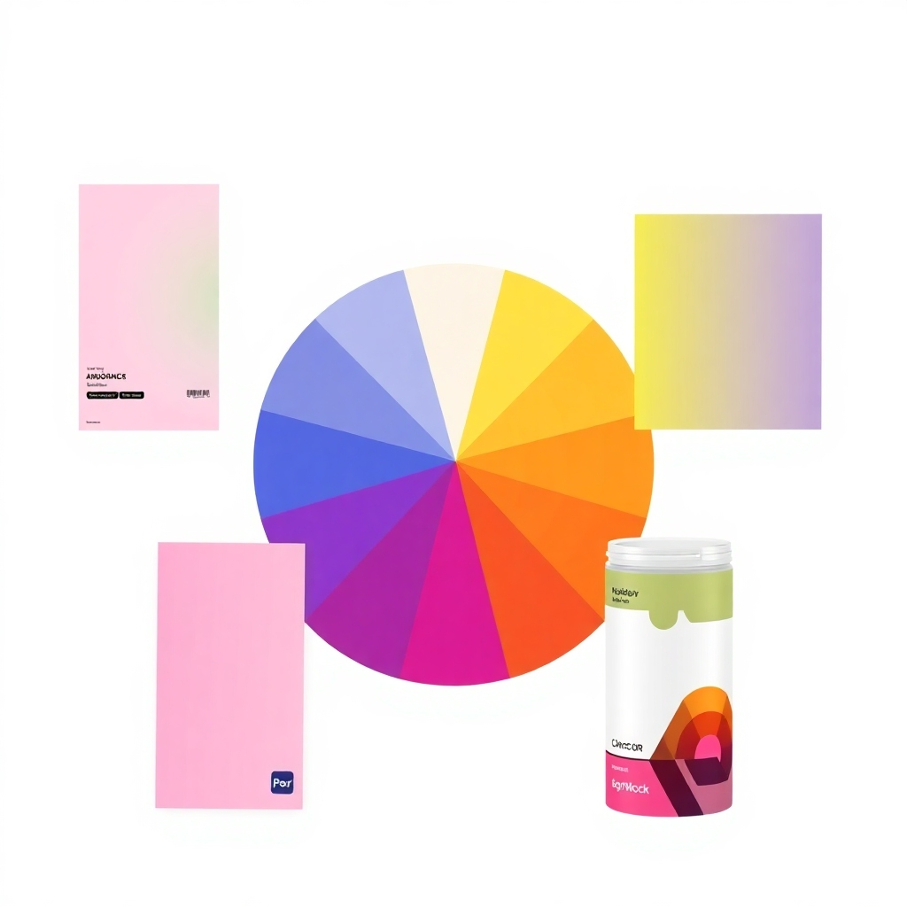A photorealistic image showing a color wheel with examples of analogous, complementary, and triadic color schemes applied to three separate design mockups (a poster, a website banner, and a product label). Each mockup demonstrates how the color scheme affects the overall mood and message. The background should be a clean white and ensure the color is vibrant and accurate.