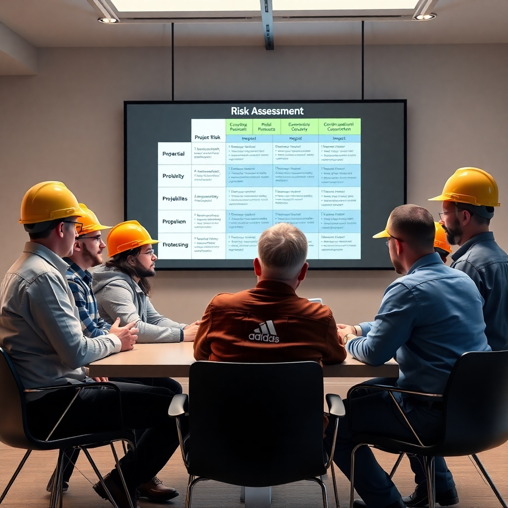 A photorealistic image showing a team of construction professionals gathered around a table, engaging in a discussion. A large screen displays a risk assessment matrix, showing potential project risks with their associated probabilities and impacts. The team should exhibit a collaborative and problem-solving mindset, emphasizing proactive risk management.