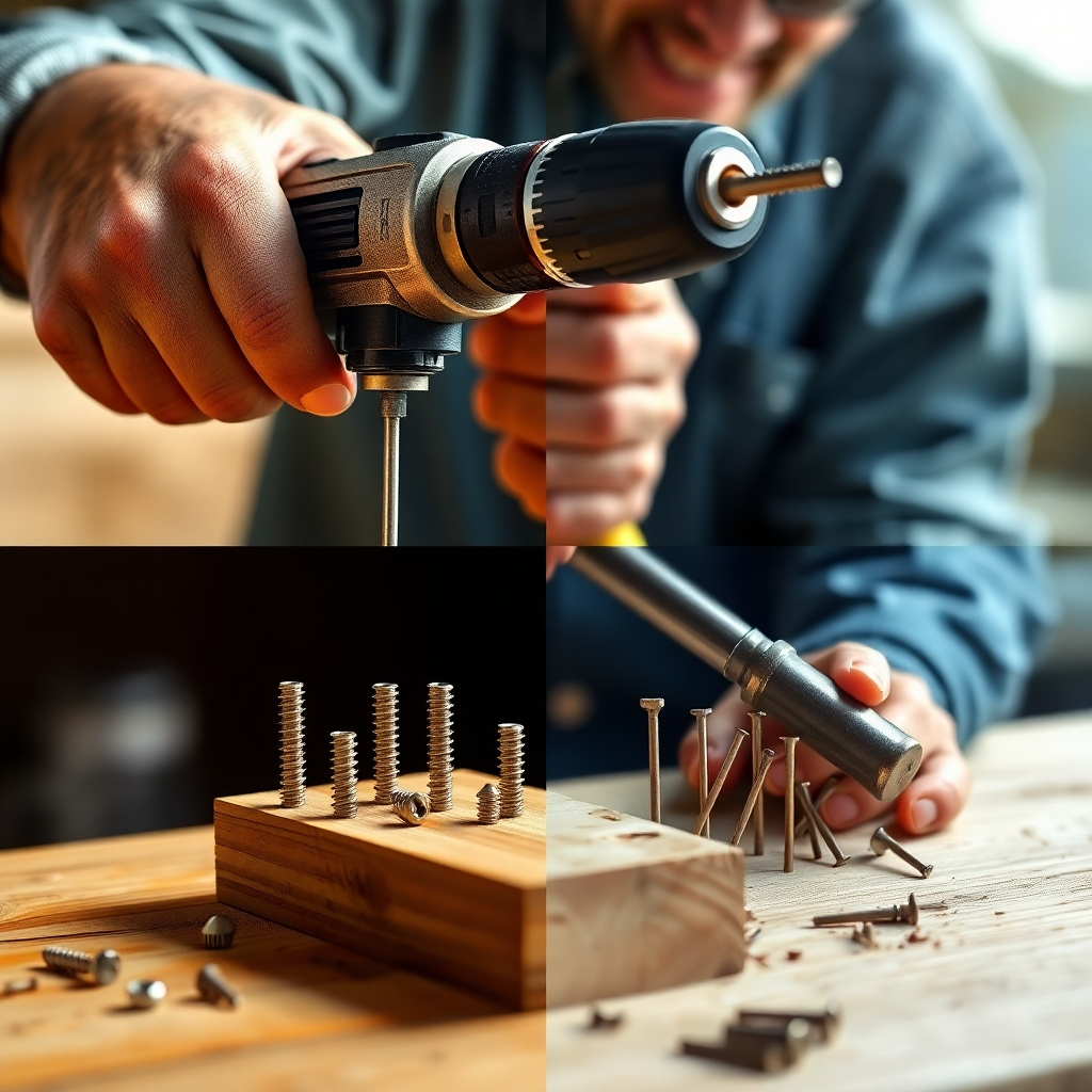 A photorealistic image split into two parts. One part shows a carpenter using a drill and various screw heads accurately driving screws into a piece of wood at different angles, showcasing a variety of screw types.  The other part shows the same carpenter hammering different sized nails into the wood.  The image should be bright, clean, and highlight the techniques.