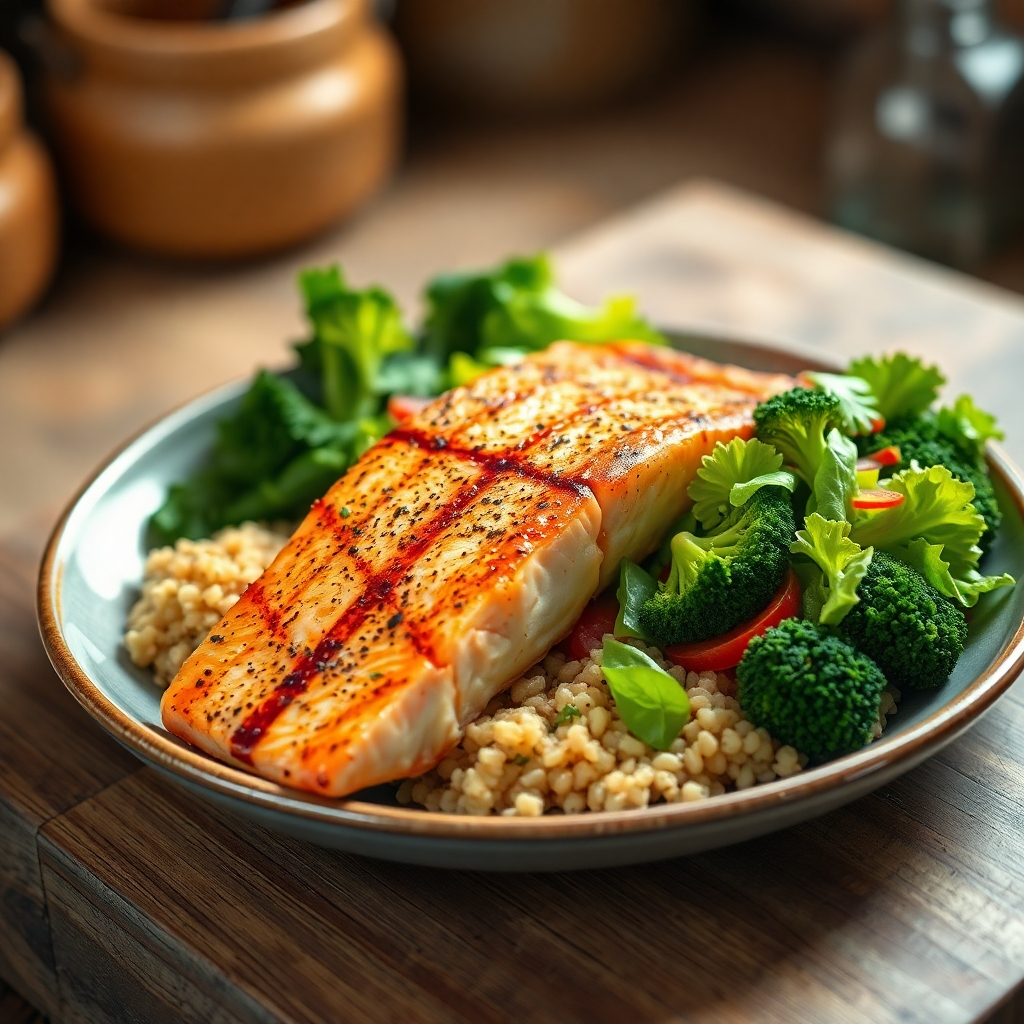 A photorealistic image, ultra-high quality, shot with a shallow depth of field, in the style of a National Geographic food photography.  The scene features a beautifully arranged plate of healthy food: grilled salmon, quinoa, steamed broccoli, and a vibrant salad. Soft, warm lighting illuminates the food, emphasizing its texture and color. The color palette is rich and natural, featuring earthy tones and vibrant greens. The camera angle is from above, slightly angled, highlighting the texture and detail of each food item. The background is blurred, with hints of a rustic kitchen. Textures include the flaky skin of the salmon, the fluffy texture of the quinoa, and the crispness of the vegetables.  The image conveys a sense of health, wellness, and deliciousness. The scene is clean, aesthetically pleasing, and evokes a feeling of tranquility and mindful eating.