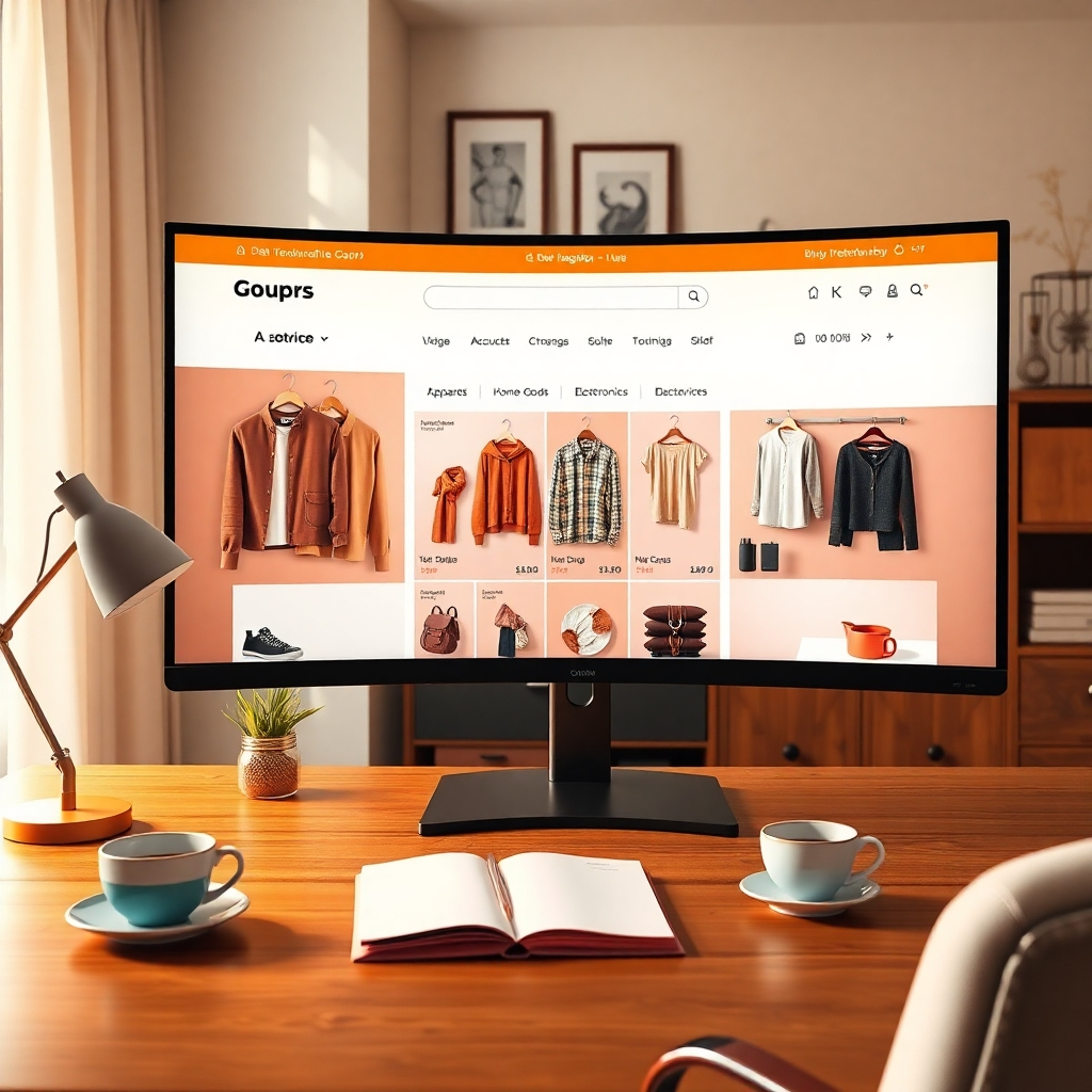 A photorealistic image, ultra-detailed (8K resolution), with warm, inviting lighting, portraying a modern e-commerce website displayed on a large, curved monitor in a stylish home office. The website showcases a variety of products, including apparel, home goods, and electronics, presented with high-quality product photography.  The color palette consists of warm neutrals and soft pastel tones creating a calming yet engaging atmosphere. The office includes tasteful decor in earth tones and natural materials, indicating a balance between productivity and comfort. The perspective is from a slightly elevated angle, highlighting the website's functionality and user-friendliness. Textures include the subtle grain of the wood desk, the smooth glass of the monitor, and the soft textures of the clothing and other products.  Props include a stylish desk lamp, a notebook, and a cup of coffee. Style reference:  the work of David Hockney, focusing on bold colors and light.  The overall atmosphere should feel sophisticated, inviting and trustworthy. The image must convey a sense of efficiency and ease of use for consumers.