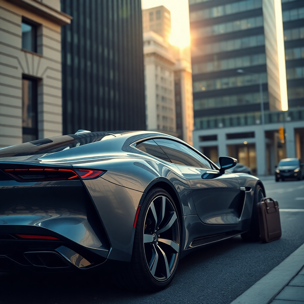 A photorealistic image, ultra-detailed, 8K resolution.  A sleek, modern car is parked in a city street, with urban architecture and soft sunlight in the background. Dramatic side lighting creates a sense of depth and highlights the car's design.  The color palette is a cool urban vibe with dark greys, blues, and subtle metallic accents reflecting light. The image is shot from a slightly low angle, emphasizing the car's elegance.  Textures include the smooth metallic paint of the car, the rough texture of the city pavement, and the sharp lines of modern architecture.  The environment features a bustling but clean city street.  Props include a smartphone displaying insurance details and a stylish leather briefcase. The style is inspired by automotive photography by renowned automotive photographer, showcasing elegance and high-quality. 