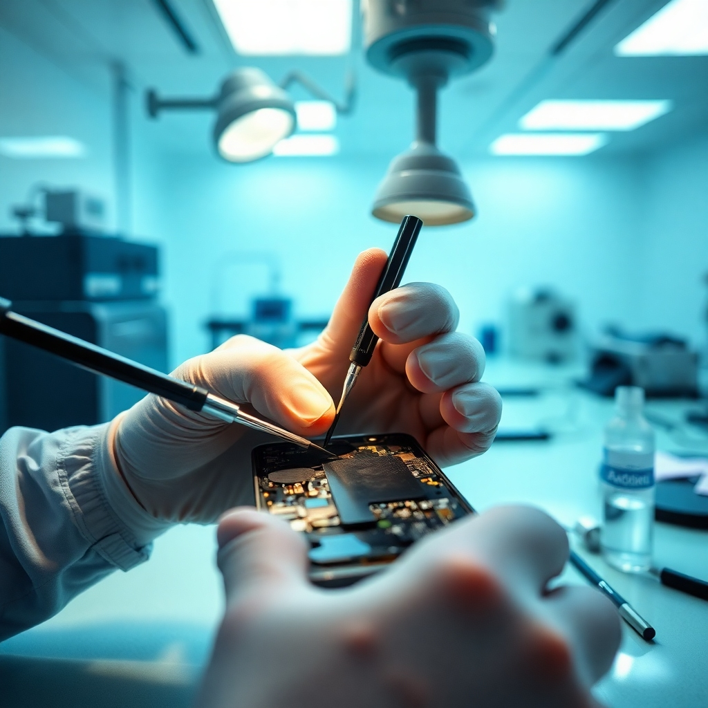 A photorealistic image, ultra-detailed and in 8K resolution, depicting the meticulous process of water damage repair. The scene is set within a clean, brightly lit repair lab with soft, diffused lighting, creating a calm and reassuring atmosphere. The color palette is a mix of cool blues and greens, reflecting a sense of cleanliness and technological precision. The camera angle is a close-up, capturing the technician's focused hands delicately working on a water-damaged Samsung Galaxy S23 Ultra.  The texture of the phone's components and the technician's tools are realistically detailed. The background shows specialized equipment and drying tools.  Props include a magnifying glass, precision screwdrivers, and a small container of isopropyl alcohol.  The image should convey a feeling of professional expertise and trustworthiness. It should evoke a sense of relief and hope for the customer. The style should be reminiscent of a high-tech medical procedure, emphasizing cleanliness and precision. The overall mood is one of confidence and reassurance. The image must capture the meticulous nature of the repair process, highlighting the expertise and careful handling of delicate components. In the style of an advanced medical procedure, highlighting the precision and care given to every detail. 
