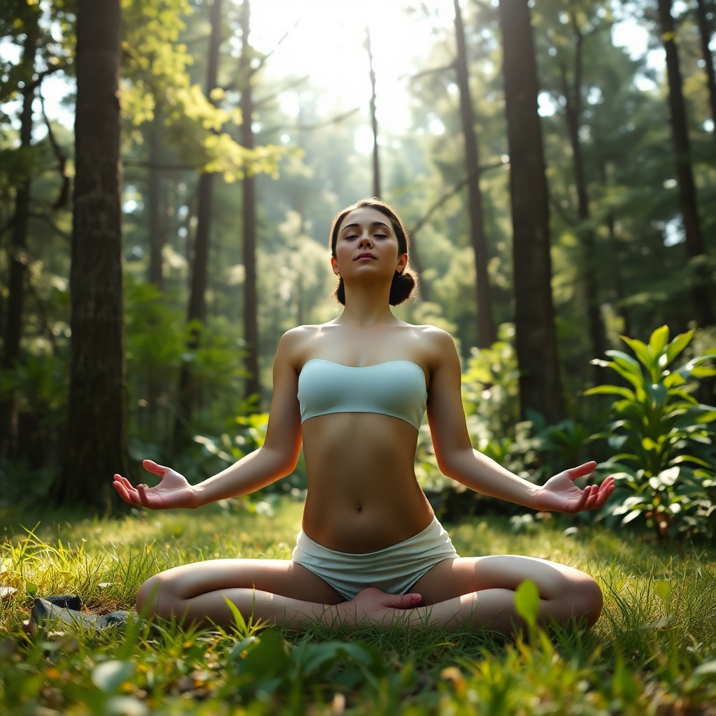 A photorealistic image, ultra-detailed, in the style of a fine art nature photograph. The scene shows a person in a serene yoga pose, outdoors in a lush forest setting.  Soft, natural light filters through the trees, creating dappled shadows on the ground. The color palette is calming and natural, featuring greens, browns, and soft blues. The camera angle is low, slightly upward, emphasizing the peaceful surroundings.  Textures include the smooth skin of the yoga practitioner, the rough bark of the trees, the soft texture of the grass, and the intricate details of the leaves. The background is a lush forest, with trees, plants, and soft light.  The overall mood is serene, peaceful, and mindful. The image should evoke feelings of tranquility, connection with nature, and inner peace.  The yoga practitioner should appear relaxed and at one with their surroundings.
