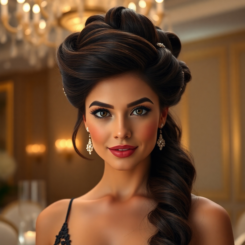 A photorealistic image, ultra-detailed and in 8K resolution, showcasing a stunning formal updo hairstyle. The model is a woman with long, thick, dark brown hair styled in a sophisticated and elegant updo.  The lighting is soft and diffused, creating a romantic and elegant mood.  The color palette is rich and luxurious, highlighting the deep brown tones of the hair. The camera angle is slightly below eye level, accentuating the height and volume of the updo. The hair is styled with intricate braids and curls, creating a complex and textured look.  The background features a luxurious setting, perhaps a ballroom with soft lighting and subtle décor.  The style draws inspiration from the classic glamour of Hollywood. There are delicate hair accessories adding to the refined look. The overall style is reminiscent of editorial fashion photography, emphasizing luxurious texture and volume. The image should be hyperrealistic, capturing the intricate details of the hairstyle and the shine of the hair. The woman's expression is confident and radiant, reflecting the beauty and elegance of the occasion.