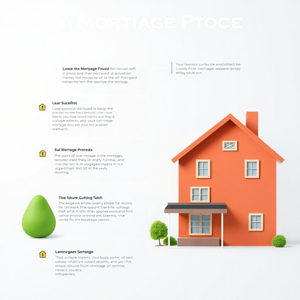 A photorealistic infographic illustrating the mortgage process, step by step. Each step should be clearly labeled with concise text and accompanied by a relevant visual, such as an icon or a small illustration. The overall design should be clean, modern, and easy to understand, with a color scheme that is both visually appealing and professional. High resolution and detailed.