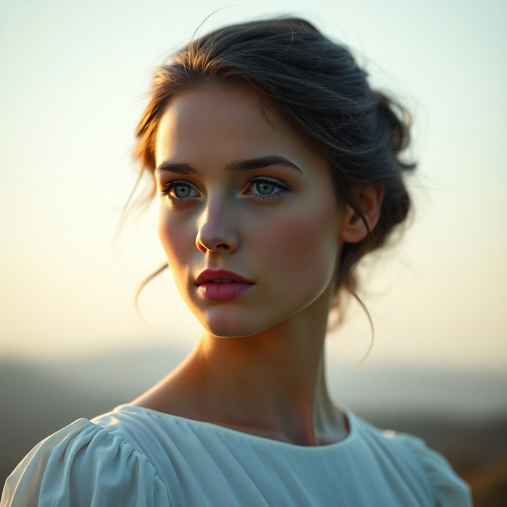 A photorealistic portrait of a young woman with striking green eyes, captured in soft diffused lighting.  Her expression is pensive yet serene, and she is wearing a simple, elegant white dress. The color palette is muted and natural, focusing on subtle variations of skin tones and the soft light. The camera angle is slightly low, creating an intimate and flattering perspective. The background is a minimalist, blurred natural landscape with soft bokeh.  The overall mood is peaceful and contemplative.  Ultra-high resolution, 8K, hyperrealistic detail, paying close attention to fine textures of the skin, hair, and fabric.  In the style of Annie Leibovitz, emphasizing a timeless, classic portrait style.  Focus on capturing the subtle nuances of emotion and light.