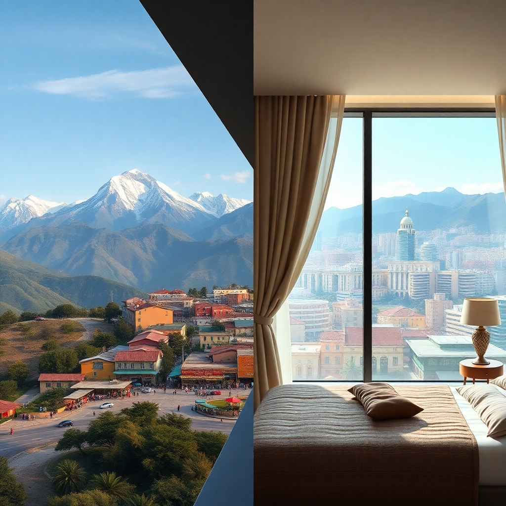 A photorealistic split image: one side shows a stunning panoramic view of a majestic mountain range, or a bustling marketplace in a vibrant city. The other side displays a detailed view of a comfortable yet reasonably priced hotel room, or a cozy vacation rental, implying affordability without compromising on quality and adventure.