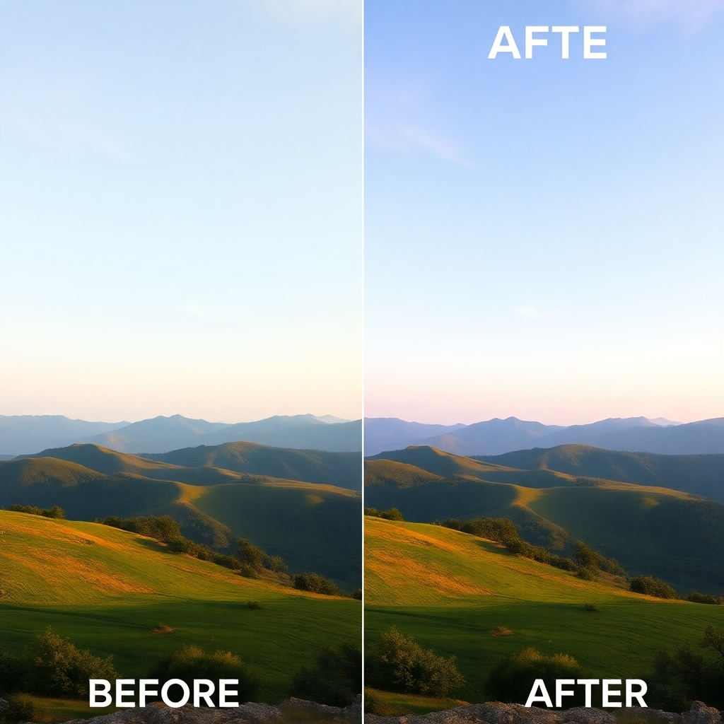 A photorealistic split-screen image showing a before-and-after comparison of photo editing. The left side displays an ordinary landscape photo, while the right side presents the same photo after professional post-processing, showing enhanced colors, contrast, and sharpness. The overall image should have a clean, professional look. High detail, cinematic lighting, 8k resolution