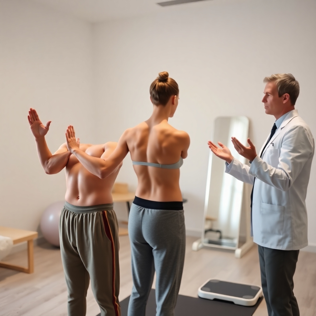A photorealistic, ultra-detailed image of a physiotherapy session focused on postural correction. The image should be shot in a clean, minimalist clinic with soft, diffused lighting. The color palette is calm and neutral, featuring soft whites, greys, and light wood tones. A young adult, wearing comfortable yoga attire, is engaged in a series of exercises under the guidance of a physiotherapist. The camera perspective is from slightly above, offering a comprehensive view of the patient's posture. The focus is on the patient's body alignment and the subtle details of muscle tension and relaxation. The physiotherapist, in a smart, clean uniform, is providing personalized instructions.  Include various props relevant to postural correction (e.g., mirror, balance board). The background includes simple, calming elements. The image conveys a sense of calm focus and mindful movement, emphasizing the therapeutic nature of the session. Style reference: Gregory Crewdson.  Render at 8K resolution, focusing on realistic skin tones and the accurate depiction of human anatomy.