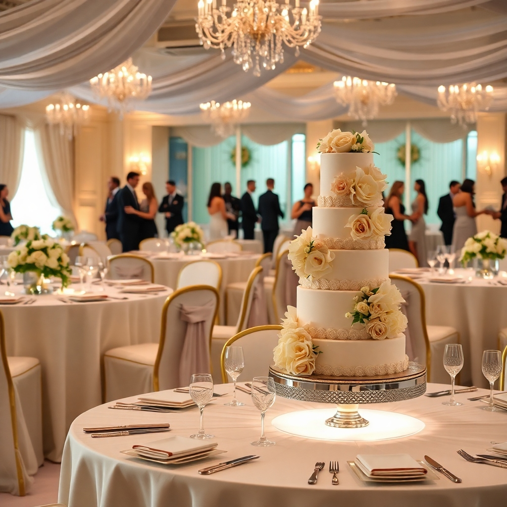 A photorealistic, ultra-detailed image in 8K resolution, showcasing a luxurious wedding reception. The scene features round tables draped in elegant ivory linen, adorned with exquisite floral centerpieces, and elegant gold-rimmed china. Soft, diffused lighting creates a romantic ambiance. The main focus is on a beautifully presented wedding cake, a multi-tiered masterpiece with intricate sugar work, illuminated from the side.   In the background, elegantly dressed guests are seen interacting and enjoying themselves. The overall mood is romantic, joyful, and luxurious. The camera angle is slightly elevated, capturing the entire scene. The style should evoke the romantic and refined aesthetics of renowned wedding photographers, Jose Villa. Texture and details are paramount: the sheen of the silverware, the delicate texture of the flowers, the softness of the cake frosting. The color palette should be soft and romantic, with creams, ivories, and subtle pops of color from the flowers. The scene should tell a story of elegance and unforgettable celebrations. 