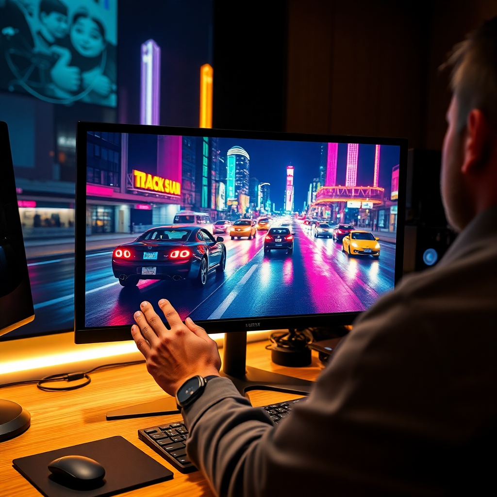 A photorealistic, ultra-high definition (8K) image depicting a professional colorist working on a high-end monitor, meticulously adjusting the color grading of a vibrant action scene from a movie. The scene shows a fast-paced car chase through a city at night, with neon lights reflecting on the wet asphalt. The color palette is rich and saturated, with deep blues, vibrant oranges, and intense reds. Soft, diffused lighting illuminates the colorist's workspace, casting a gentle glow on the monitor and surrounding equipment. The camera angle is a slightly elevated medium shot, focusing on the colorist's hands and the monitor, with the car chase scene clearly visible. The textures are highly detailed and realistic: the monitor's sleek glass surface, the subtle grain of the wooden desk, and the intricate details of the editing software interface. The background includes a stylish, modern editing suite with professional equipment, creating a mood of focused creativity and precision. The overall style is reminiscent of a high-end cinematic promotional image, in the style of a still from a behind-the-scenes documentary. The image should evoke a sense of technological prowess and artistic mastery, emphasizing the transformative power of color grading in enhancing the overall visual impact of the film.