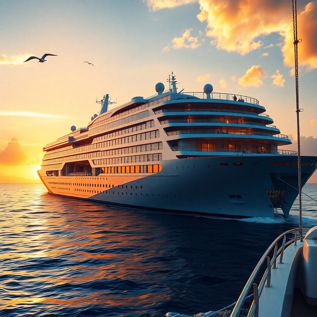 A photorealistic, ultra-high definition (8K) image depicting a luxurious cruise ship at sunset.  The ship should be a large, modern vessel with sleek lines and ample deck space, showcasing its opulent features.  The lighting should be warm and golden, with soft diffused light reflecting on the water. The color palette should be rich and vibrant, with deep blues, golds, and oranges dominating.  The camera angle should be from a slightly elevated position on a nearby smaller boat, providing a dynamic perspective of the cruise ship. The ocean should be calm, with subtle reflections of light. The textures should be highly detailed, showing the smoothness of the ship's hull, the intricate details of the railing, and the gentle movement of the water. The background includes a clear, vibrant sunset sky with soft clouds.  The mood should be serene and luxurious. The overall style should emulate the work of renowned travel photographer, Steve McCurry, focusing on the captivating interplay of light and color, and emphasizing the scale and grandeur of the ship.  Include subtle environmental elements like seagulls flying overhead.  The image should appear hyperrealistic and ultra-detailed, showcasing the highest level of photorealistic rendering possible.