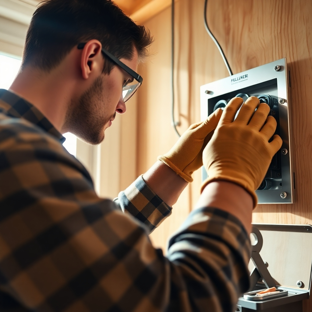 A photorealistic, ultra-high definition (8K) image depicting a close-up view of an electrician carefully installing a new electrical panel in a residential home. The scene is brightly lit with soft, diffused natural light streaming in from a nearby window. The color palette is warm and inviting, with natural wood tones from the home's interior and the metallic sheen of the new electrical panel. The electrician is wearing safety glasses and gloves, highlighting attention to detail and safety. The camera angle is slightly elevated, offering a clear view of the installation process.  The image should showcase the high-quality materials and craftsmanship, emphasizing the clean and organized workspace.  The textures are highly detailed, including the smooth surface of the new panel, the rough texture of the drywall, and the fine details of the wiring. The background includes a neatly organized toolbox and tools typical of an electrical job. The style should emulate the sharp clarity and realism of a National Geographic photography style.  The image should be hyperrealistic, ultra-detailed, and with a shallow depth of field to isolate the panel and the electrician's hands.  The overall mood is one of professionalism, safety, and efficiency.