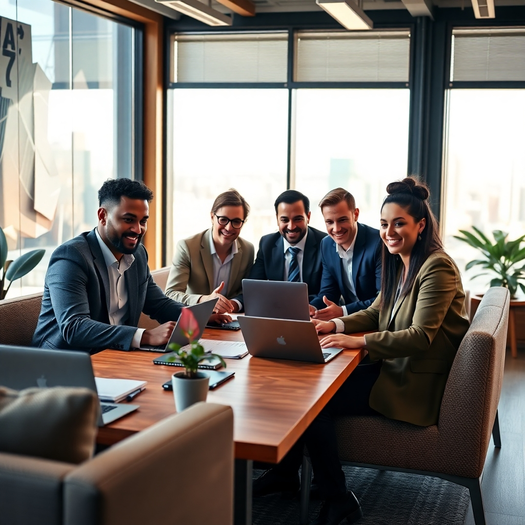 A photorealistic, ultra-high definition image (8K resolution) depicting a diverse group of professionals – men and women of different ethnicities and ages – collaborating on a project in a modern, brightly lit office.  The scene is captured from a slightly high-angle, showcasing a dynamic and collaborative atmosphere. The color palette is vibrant and professional, with warm wood tones contrasting against sleek, modern furniture. Soft, diffused lighting illuminates the scene evenly, enhancing the natural textures of the materials – the smooth surfaces of laptops, the woven fabric of a sofa, and the subtle grain of the wooden conference table.  Details include neatly organized papers, strategically placed plants, and subtle branding elements reflecting professionalism. The overall mood is energetic, positive, and collaborative. The image should be in the style of Annie Leibovitz, emphasizing natural poses and genuine interactions. The background should include abstract elements representing the global scope of talent acquisition. Environmental elements include a large window with a cityscape view beyond, symbolizing ambition and opportunity.  The camera utilizes shallow depth of field to focus sharply on the individuals in the foreground, with a soft blur on the background. The materials should be rendered with hyperrealistic detail, including accurate fabric textures and metallic reflections. The overall style evokes a sense of trust and success, reflecting the positive outcomes of effective candidate sourcing.