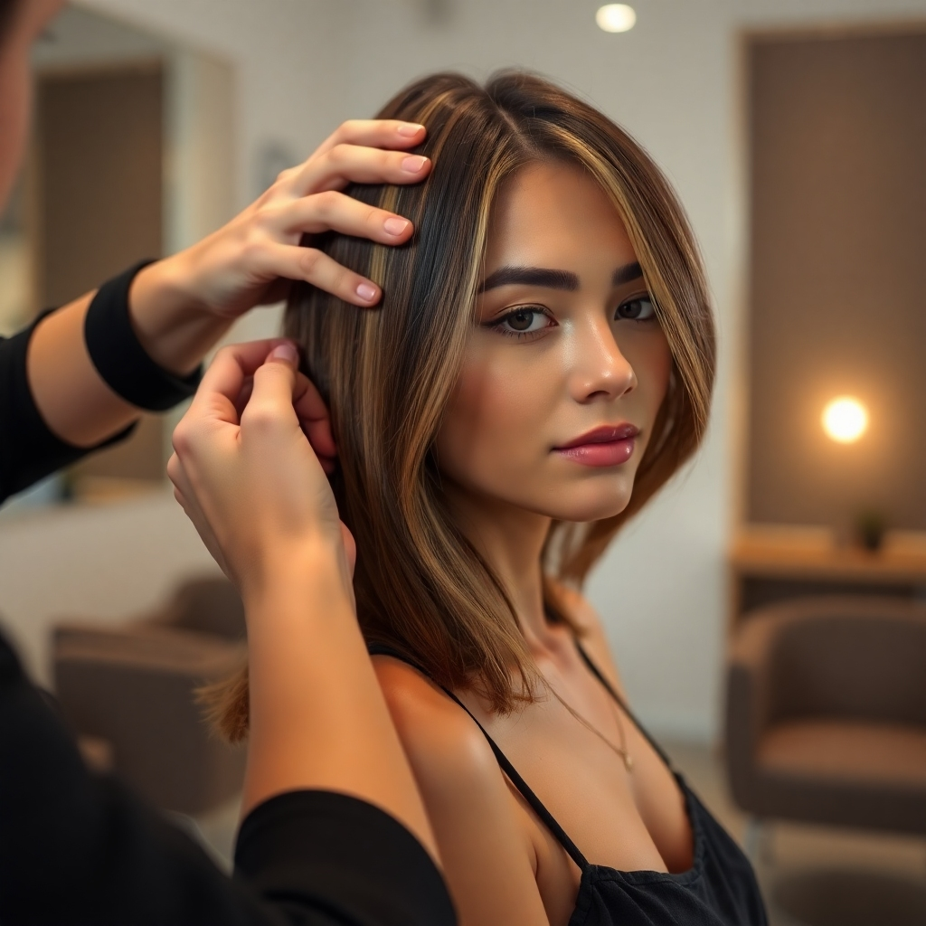A photorealistic, ultra-high definition (8K resolution) image depicting a young woman with shoulder-length brown hair undergoing a balayage treatment. The lighting is soft and diffused, creating a warm and inviting atmosphere in a modern, minimalist hair salon. The color palette is focused on natural-looking highlights, transitioning from a dark brown base to lighter honey blonde accents. The camera angle is slightly elevated, capturing the woman from the shoulders up, emphasizing the detail and texture of the hair. The stylist's hands are gently working on the woman's hair, showcasing the application of the hair color. The background is blurred but shows sleek, modern furniture in muted earth tones. The overall mood is calm, luxurious and sophisticated. The image should be hyperrealistic, with attention to detail in the hair's texture (smooth and shiny), the skin's subtle imperfections, and the realistic representation of the hair dye.  The style should evoke the work of renowned fashion photographers, capturing both the technical precision and artistic beauty of the process.  Focus on creating a dreamy, ethereal quality through lighting and color grading, emphasizing the luminosity and shine of the hair.  Include subtle reflections in the hair, demonstrating the glossy finish of the balayage.