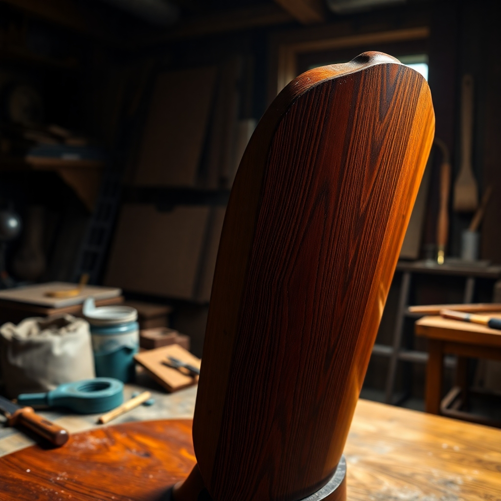 A photorealistic, ultra-high-definition (8K) image depicting the meticulous restoration of an antique wooden chair. The image is captured from a slightly elevated angle, showing the chair against a background of a well-lit, classic woodworking workshop. Dramatic side lighting emphasizes the intricate details of the wood grain, highlighting the rich, warm hues of the mahogany wood.  The restoration process is partially visible—some areas show the bare wood, others reveal the carefully applied stain and varnish, showcasing the contrast between the old and new. Tools such as chisels, sandpaper, and brushes subtly appear in the background. The image should emphasize the textures—smooth, polished surfaces contrasted with the rough texture of the wood during the repair process. The color palette should be warm and rich, with variations in mahogany shades. The mood is one of careful precision and dedication to craft, inspired by the style of classic Dutch Masters still life painting.  Dust motes are subtly visible in the air.