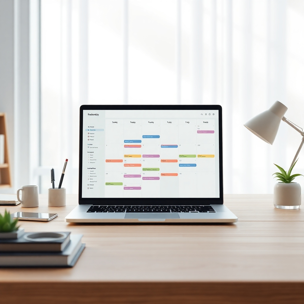 A photorealistic, ultra-high definition image (8K resolution) depicting a clean, modern workspace with soft, diffused natural light streaming through a large window.  The main focus is on a sleek, silver laptop displaying a calendar application with various appointments color-coded and neatly organized.  The color palette should be calming and professional, using muted blues, grays, and whites.  A minimalist, Scandinavian-style desk is visible, with a few carefully chosen items like a stylish pen holder and a small succulent plant. The perspective is from a slightly elevated angle, looking down onto the laptop screen.  The scene should evoke a sense of calm efficiency and organization.  Textures should be highly detailed, showing the fine grain of the wood desk, the smooth surface of the laptop, and the soft texture of the plant leaves. The image should be rendered in the style of Annie Leibovitz, emphasizing realism and meticulous detail.  The overall mood is serene, productive, and sophisticated. The background is subtly blurred, drawing focus to the laptop and calendar.