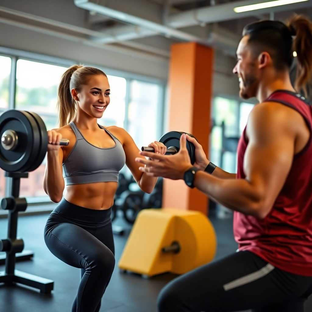 A photorealistic, ultra-high definition image (8K resolution) depicting a personal trainer and a client. The client, a young woman in athletic wear, is performing a squat with perfect form, guided by the trainer. The setting is a modern, well-equipped gym with soft diffused lighting. The color palette is bright and energetic, with warm tones emphasizing the human connection. The camera angle is slightly low, emphasizing the client's strength and determination.  The trainer is smiling encouragingly, offering verbal and visual cues.  The scene should exhibit a high level of detail, with realistic textures of skin, clothing, and gym equipment, rendered in the style of a National Geographic photo essay, capturing a sense of determination and empowerment. The background is slightly blurred to emphasize the client and trainer, and a sense of dynamic movement is present in the shot, possibly suggested by motion blur on the weights or trainer's hand gestures. The mood is positive, supportive, and motivational.