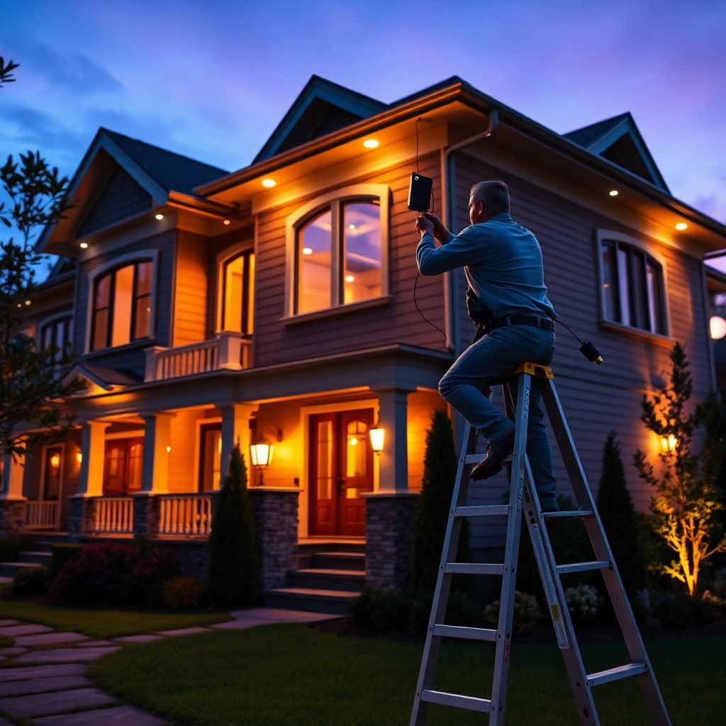 A photorealistic, ultra-high-definition (8K) image showcasing the installation of elegant exterior lighting on a luxurious residential home during the twilight hours. The lighting should emphasize warm, inviting light emitted from newly installed path lights and spotlights. The color palette incorporates the deep blues and purples of the twilight sky, the warm glow of the newly installed lighting, and the earth tones of the home’s exterior.  The camera angle is from a slightly low angle, emphasizing the height of the house and the reach of the lighting.  The image should capture the electrician working safely on a ladder while installing a fixture, emphasizing precision and safety.   The image features a mix of textures, including the smooth surfaces of the light fixtures, the rough texture of the house's siding, and the fine details of the wiring. The background depicts a beautifully landscaped yard and a stately home under the twilight sky. The overall mood is calm and serene, emphasizing both the safety of the installation and the beauty of the exterior lighting. The style should emulate the aesthetic of high-end architectural photography, with a focus on sharp detail, realistic light, and stunning composition. It should have a hyperrealistic rendering, with incredible details and perfect lighting.
