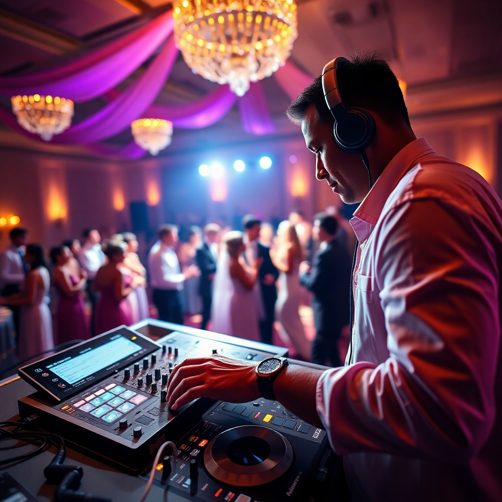A photorealistic, ultra-high definition (8K) image depicting a DJ performing at a lively wedding reception. The DJ booth is sleek and modern, with professional lighting illuminating the DJ and their equipment. Soft, warm lighting bathes the dance floor, where couples are elegantly dancing. The color palette is rich and vibrant, with warm golds, deep blues, and soft pinks. The camera angle is slightly elevated, capturing the energy of the event from a dynamic perspective. The DJ is skillfully mixing music, their hands moving expertly on the mixer, and the crowd's happiness is palpable.  The texture of the DJ equipment is highly detailed and realistic, including the smooth surfaces of the mixer and the textured cables. The background shows a beautifully decorated ballroom with luxurious fabrics and subtle bokeh. The image style is reminiscent of the work of Annie Leibovitz, capturing a sense of motion and emotion in a stunning composition. The overall mood is celebratory and joyous, reflecting the excitement of the event.  The image should be hyperrealistic, paying close attention to details like the reflection of light on surfaces and the fine textures of the environment.  The image has a shallow depth of field, focusing sharply on the DJ and the immediate foreground, with the background softly blurred to enhance the sense of depth and focus.