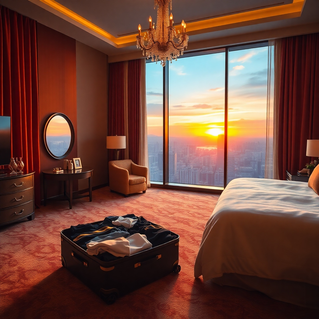 A photorealistic, ultra-high definition 8K image depicting a luxurious hotel suite with a stunning city view at sunset. The scene is bathed in warm, golden light, emphasizing the soft textures of the plush carpet, velvet drapes, and silk bedding.  The composition showcases a meticulously arranged scene, with the hotel suite occupying the majority of the frame. A half-open suitcase rests subtly on the floor, overflowing with designer clothes. The camera angle is slightly elevated, providing a comfortable perspective that captures the grandeur of the suite and the stunning sunset cityscape beyond the panoramic window.  The color palette features rich, warm tones, including deep reds, golden yellows, and soft blues. The mood is luxurious, serene, and inviting, evoking a feeling of opulence and relaxation. The image should have the fine detail and polished aesthetic of a high-end travel magazine, in the style of Annie Leibovitz's work, focusing on exquisite textures and dramatic lighting.  Environmental details include a crystal chandelier reflecting the sunset light, and carefully placed decorative items emphasizing a luxurious and sophisticated aesthetic. The overall image must feel aspirational and convey a sense of high-end travel and exceptional value.
