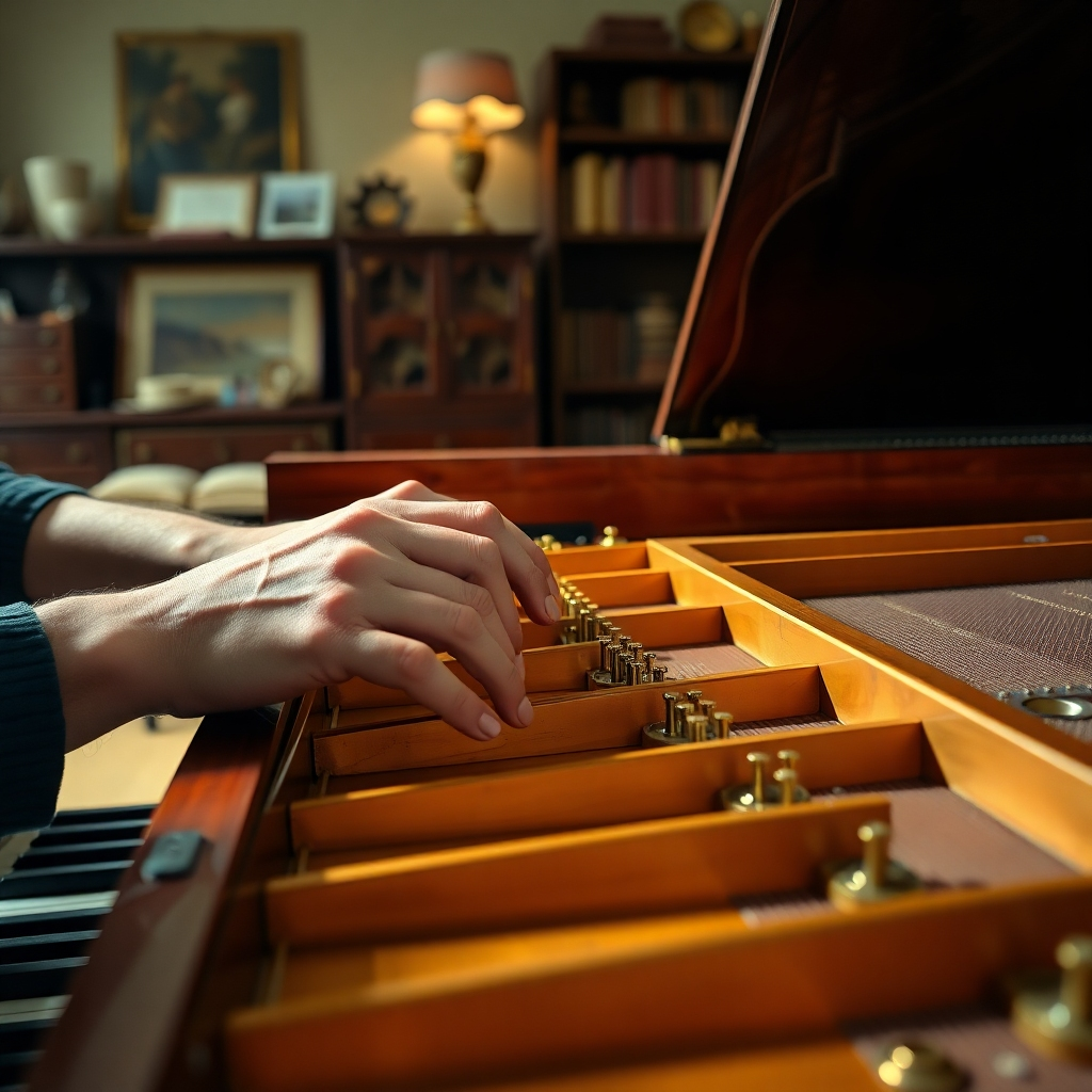 A photorealistic, ultra-high definition image (8K resolution) depicting a close-up of a piano technician's hands meticulously tuning the strings of a grand piano.  The lighting is soft and diffused, creating a warm and inviting atmosphere. The color palette is rich and natural, focusing on the warm tones of the polished wood and the gleaming brass tuning pins. The camera angle is slightly elevated, providing a clear view of the technician's precise movements. The texture of the piano's polished wood and the smooth, metallic sheen of the tuning pins are highly detailed, showcasing the craftsmanship. The background is subtly blurred, featuring a tastefully decorated music room with hints of antique furniture and bookshelves.  The overall mood is calm and focused, evoking a sense of precision and expertise. The image should be styled in the manner of a classic Dutch still life, with meticulous attention to detail, and a sense of quiet elegance.  The image should have a hyperrealistic quality, showcasing the intricate details of the piano's mechanics and the technician's skillful hands.