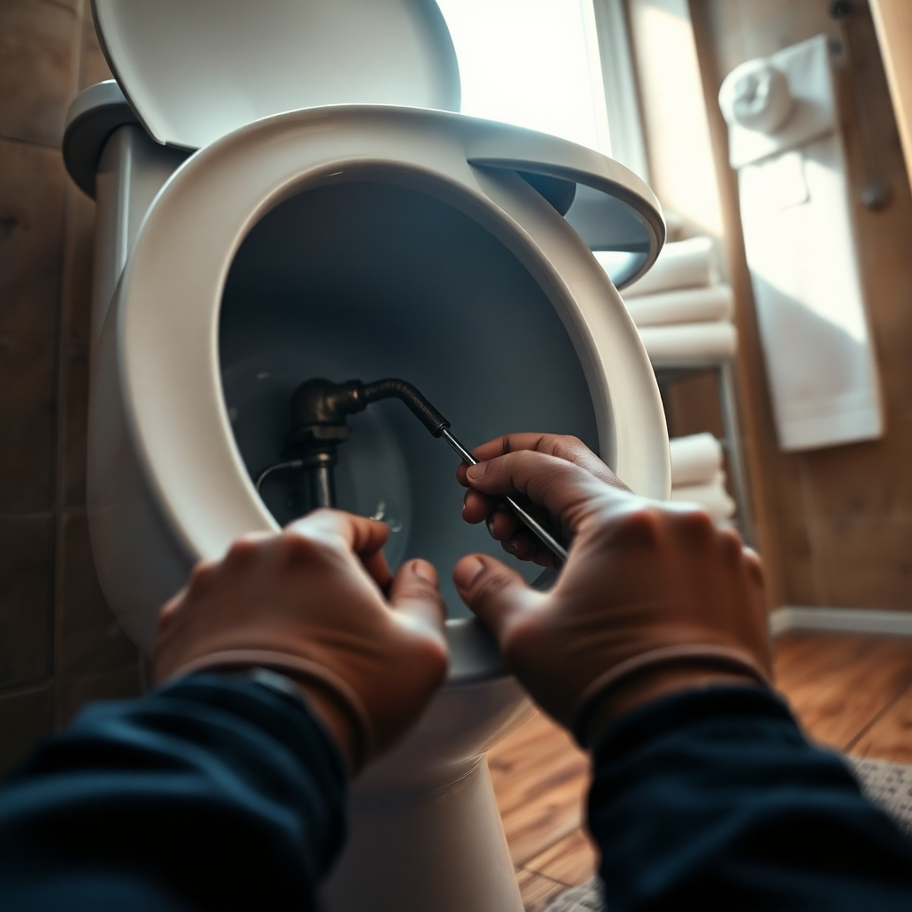 A photorealistic, ultra-high definition image (8K resolution) depicting a close-up view of a plumber expertly repairing a toilet's internal mechanism. The scene is lit with soft, diffused natural light streaming in from a nearby window, casting gentle shadows. The color palette is warm and inviting, with muted earth tones in the bathroom's ceramic tiles. The plumber's hands are meticulously detailed, showcasing the precision of the repair. The overall mood is one of calm efficiency and expertise. The image is taken from a low angle, slightly below the plumber's eye level, creating a sense of importance and precision. Textures are hyperrealistic, showing the smooth porcelain of the toilet, the metallic sheen of the tools, and the subtle grain of the wooden floor. Environmental elements include a neatly organized bathroom with clean, white towels neatly folded on a rack in the background. The style is reminiscent of the detailed, naturalistic work of Dutch Golden Age still-life painters, emphasizing precision and realism.  The image should be hyperrealistic and ultra-detailed, focusing on the intricate details of the repair process. The camera uses a shallow depth of field to draw attention to the plumber's hands and the toilet mechanism.  Background elements should be slightly blurred, drawing attention to the repair process. The overall style should emulate high-end lifestyle photography showcasing luxury and expertise.