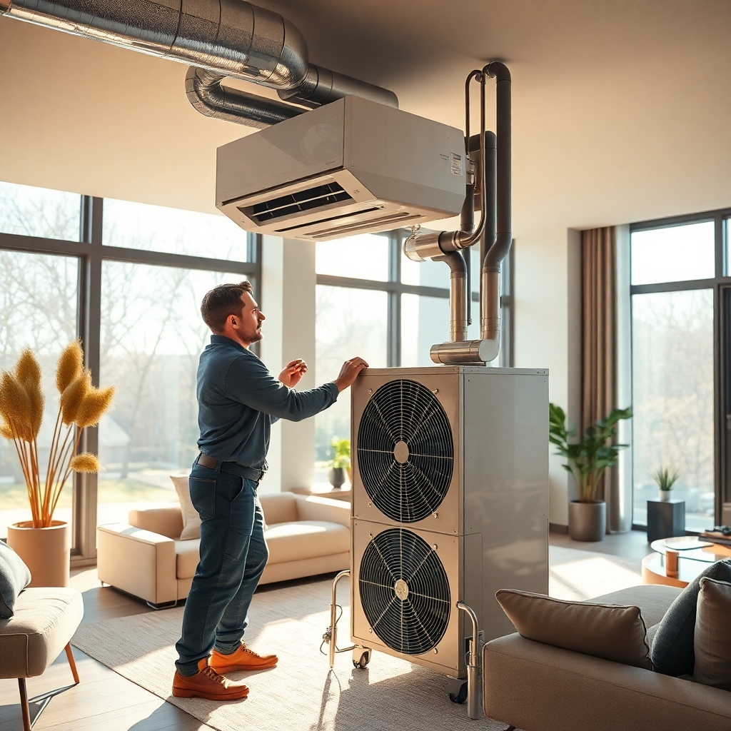 A photorealistic, ultra-high definition image (8K resolution) depicting the installation of a new central air conditioning system in a modern, spacious living room. The scene is bathed in soft, diffused natural light streaming through large windows. The color palette is warm and inviting, featuring neutral tones with pops of modern metallic accents on the HVAC unit. The composition focuses on a technician meticulously connecting the HVAC unit to the ductwork, showcasing the precision and care of the installation process. The camera angle is slightly elevated, providing a clear view of the installation process while emphasizing the size and sophistication of the HVAC system. Textures and materials are highly detailed, from the smooth, polished surfaces of the HVAC unit to the slightly textured walls and flooring of the living room. The background includes modern furniture and subtle decor elements that complement the scene without distracting from the central focus.  The overall mood is one of confidence and professionalism. The style should emulate the work of a renowned architectural photographer known for capturing the details of modern interiors.  The image is hyperrealistic, showcasing minute details in the equipment and surroundings.