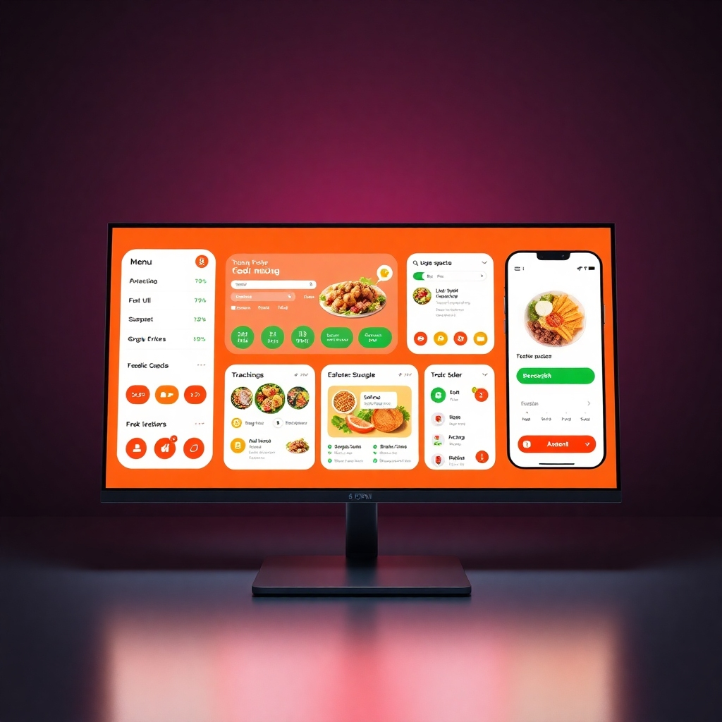 A photorealistic, ultra-high-definition (8K) image depicting the user interface (UI) of a food delivery app and website.  The design should be intuitive and user-friendly, featuring clean lines, clear typography, and a visually appealing layout. The color scheme should be consistent with a modern and sophisticated brand identity, using a palette of vibrant colors that evoke feelings of freshness and delicious food.  The style should be minimalist yet functional, drawing inspiration from contemporary UI/UX design leaders. The lighting should be soft and diffused, providing optimal visibility. The image should showcase a variety of screens, including the homepage, menu browsing, order placement, and tracking screens.  The scene is set on a high-resolution screen, with realistic reflections and subtle ambient lighting.  Textures should be highly realistic, from the glossy finish of the screen to the subtle grain of the background. The camera angle is a slightly elevated, straight-on shot, offering a clear and comprehensive view of the UI elements. The overall mood is sleek, modern, and efficient, reflecting the functionality and ease of use of the app and website. The image should be hyperrealistic and ultra-detailed, capturing every aspect of the UI design.