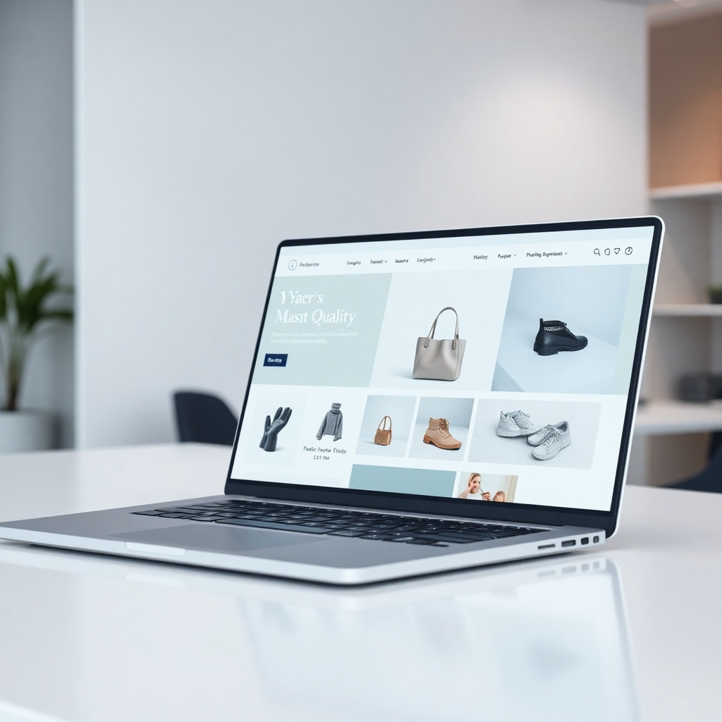 A photorealistic, ultra-high definition (8K) image depicting a modern e-commerce website interface on a sleek laptop. The laptop is positioned on a minimalist white desk, with soft, diffused lighting creating a clean and professional mood. The color palette is calming and sophisticated, featuring muted blues, greys, and whites. The website showcases high-quality product photography with subtle textures and details, emphasizing the products' premium quality. The perspective is a slightly elevated, three-quarter view of the laptop screen, emphasizing the user interface's design and functionality. The overall mood is sleek, modern, and trustworthy, inspired by the minimalist photography style of Peter Lindbergh. Environmental elements include a modern office space subtly visible in the background, while the image focuses primarily on the laptop screen. Include subtle reflections on the laptop screen to enhance realism.  The scene includes a partially visible hand interacting with the website, illustrating ease of navigation.  The image should be hyperrealistic, ultra-detailed, and rendered with intricate textures and materials.