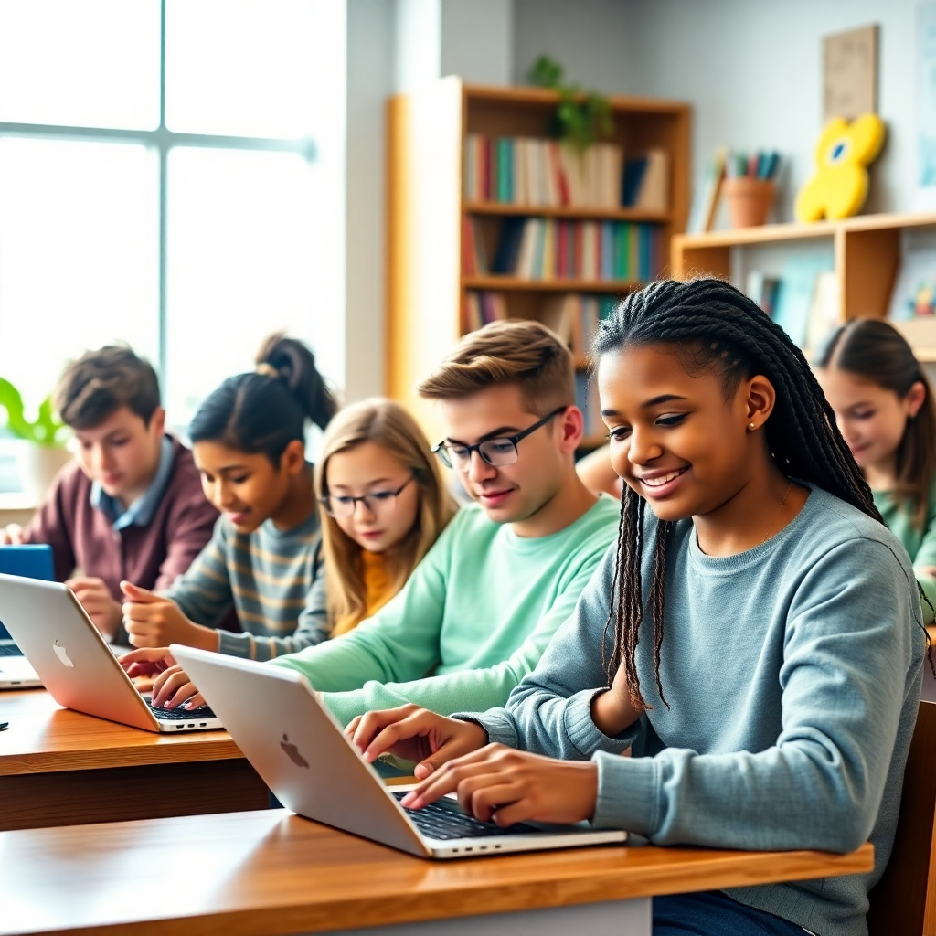 A photorealistic, ultra-high definition (8K) image depicting a diverse group of students, each engrossed in a different digital learning activity on their tablets or laptops.  The lighting is soft and diffused, creating a warm and inviting atmosphere. The color palette is vibrant and optimistic, featuring calming blues and greens interspersed with bright accents. The image should be taken from a slightly elevated angle, providing a broad overview of the scene.  Students are shown in a modern, spacious, and well-lit classroom or library setting, with natural light streaming in from large windows. Textures should be highly detailed, showcasing the smooth surfaces of the devices, the soft texture of the clothing, and the slightly rough texture of the wooden desks.  The background features neatly organized bookshelves and other educational materials, suggesting an organized and stimulating learning environment.  The overall mood should be one of focused engagement and positive collaboration. The style should emulate the work of Annie Leibovitz, focusing on natural poses and capturing authentic moments of learning.  Include subtle environmental details like plants and inspirational artwork on the walls. The image should be hyperrealistic, emphasizing fine details and textures.