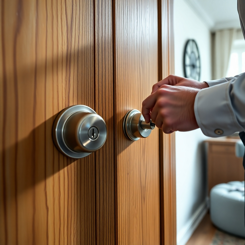 A photorealistic, ultra-high definition (8K) image depicting a locksmith installing a high-security deadbolt lock on a modern oak door. The scene is lit with soft, diffused daylight streaming from a nearby window, casting subtle shadows. The color palette is warm and inviting, with natural wood tones of the door contrasting against the sleek, brushed-nickel finish of the lock. The camera angle is slightly elevated, providing a clear view of the locksmith's hands precisely aligning the lock mechanism. The locksmith wears a crisp, clean uniform.  Focus is razor-sharp, emphasizing the intricate details of the lock components and the precision of the installation. The background is a tastefully decorated home office, suggesting professionalism and trustworthiness. The overall mood is calm and reassuring, conveying a sense of security and expertise. Render in the style of a National Geographic close-up photograph, with a focus on texture and material details—the smoothness of the nickel, the grain of the wood, the subtle wear on the locksmith's tools. The image should evoke a feeling of meticulous craftsmanship and unwavering attention to detail.