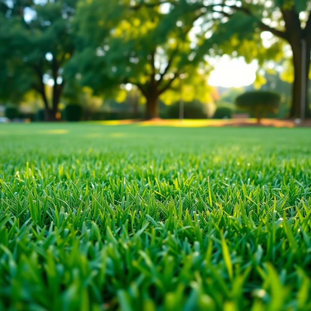 A photorealistic, ultra-high-definition (8K) image depicting a perfectly manicured lawn, recently mowed, under the soft, diffused light of a summer afternoon. The lawn is a vibrant, emerald green, with subtle variations in texture and color suggesting a healthy, thriving grass.  The image should focus on the detail of the cut grass, showing the precise, even lines left by the mower.  The camera angle is slightly low, giving a perspective that emphasizes the lushness of the lawn.  The background features mature, leafy trees providing gentle shade, creating a serene, tranquil atmosphere.  The style should be reminiscent of the work of renowned landscape photographers, focusing on natural light and rich color saturation. The image should evoke a feeling of peace and tranquility.  Include subtle details such as dew drops on blades of grass, and the texture of the soil slightly visible between the grass blades. The overall color palette is natural and calming, consisting of various shades of green, complemented by the warm browns and greens of the earth and trees. The image should be rendered with hyperrealistic detail, capturing every subtle nuance of the grass and its surroundings.