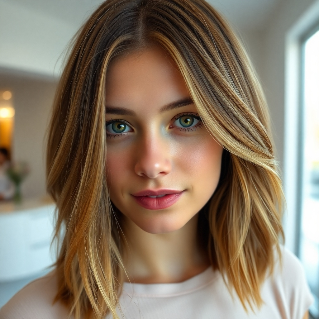 A photorealistic, ultra-high definition (8K) image depicting a young woman with shoulder-length, light brown hair.  The hair features a subtle yet striking balayage, with honey blonde and golden highlights seamlessly blended throughout. The lighting is soft and diffused, creating a warm and inviting mood. The color palette is warm and natural, emphasizing the sun-kissed effect.  The camera angle is slightly above eye level, creating an intimate and flattering perspective. The hair's texture is smooth and glossy, with individual strands visible. The background is a minimalist, modern salon setting with white walls and a large window letting in natural light.  The overall style is reminiscent of the work of photographer, Annie Leibovitz, focusing on natural beauty. The image should have hyperrealistic detail, capturing the individual hairs' texture and shine.  The woman's expression is relaxed and confident, reflecting the beauty of the hair style. The image should feel luxurious and aspirational.