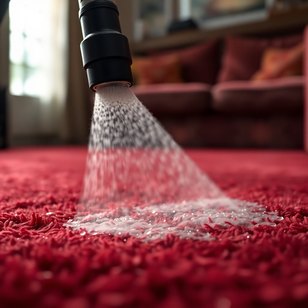 A photorealistic, ultra-high definition (8K) image depicting a close-up of a steam cleaner nozzle meticulously cleaning a plush, deep-red carpet.  The scene is bathed in soft, diffused lighting, highlighting the steam rising from the carpet fibers and the glistening droplets of water on the carpet’s surface.  The carpet is detailed with a variety of textures, showing deep pile and subtle variations in color. The background is a blurred but visible living room, suggesting a comfortable, upscale home environment. The color palette emphasizes warm, earthy tones. The camera angle is slightly low, emphasizing the power of the steam cleaner and the meticulous cleaning process.  The image should evoke a feeling of cleanliness, freshness, and revitalization. Style reference: Gregory Crewdson. Focus on hyperrealistic details, showcasing individual carpet fibers and water droplets with exceptional clarity.  The image should exhibit a shallow depth of field, with the steam cleaner nozzle and the immediate area of the carpet in sharp focus, while the background gently fades into a soft blur. Texture details are crucial; the image needs to feel tactile, allowing the viewer to almost feel the softness of the carpet and the slight dampness from the steam.
