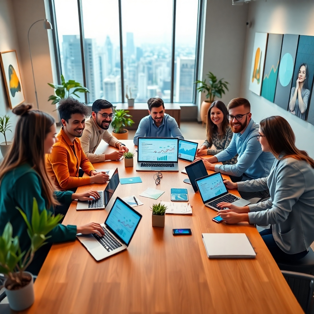 A photorealistic, ultra-high-quality 8K image depicting a diverse group of young professionals collaborating around a large table in a modern, brightly lit office. Soft, diffused lighting illuminates the scene, creating a warm and inviting atmosphere. The color palette is vibrant and energetic, featuring blues, greens, and oranges. The camera angle is slightly elevated, offering a dynamic perspective.  The table is cluttered with laptops, smartphones, tablets, and notebooks showcasing various social media platforms and analytics dashboards.  Textures are highly detailed, including the smooth surfaces of the electronics, the rough texture of the wooden table, and the soft fabrics of the clothing.  Environmental elements include potted plants, modern artwork, and a large window overlooking a bustling city. The overall mood is positive, collaborative, and energetic. The style is reminiscent of a contemporary corporate photoshoot.  The image should be hyperrealistic and ultra-detailed, showcasing textures and reflections with precision.  Include subtle bokeh effects to enhance the depth of field. The scene evokes a sense of innovative teamwork and technological advancement.